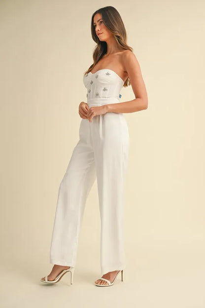 MABLE Rhinestone Applique Bustier Jumpsuit
