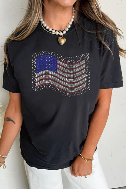 US Flag Round Neck Short Sleeve T-Shirt Black