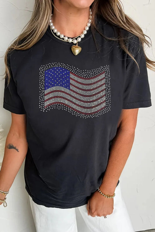US Flag Round Neck Short Sleeve T-Shirt Black