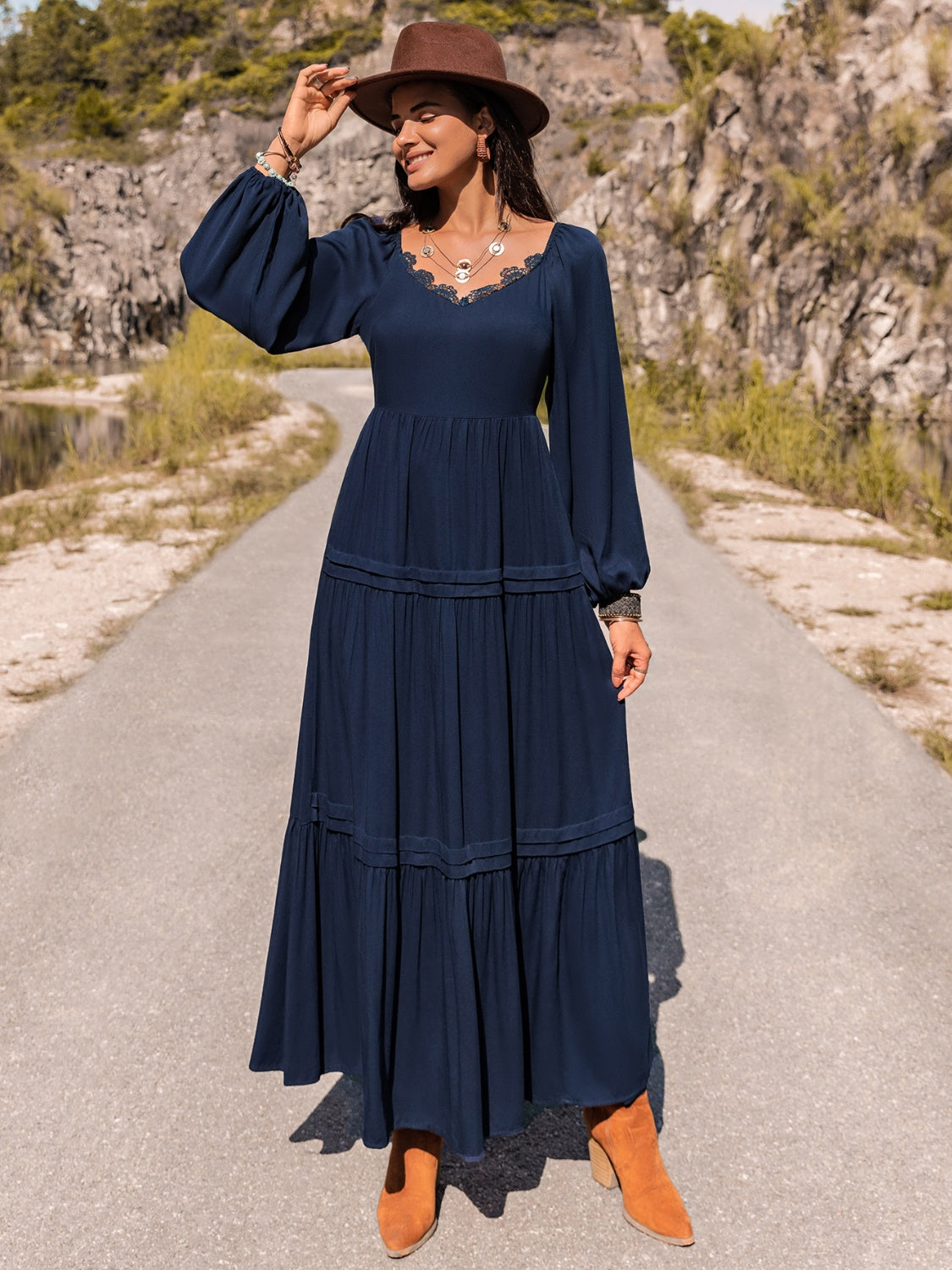 Long Sleeve Lace Trim Maxi Dress Dark Blue