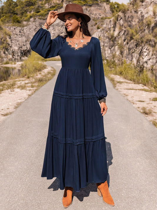 Long Sleeve Lace Trim Maxi Dress Dark Blue