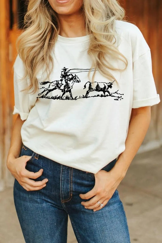 Western Rodeo Graphic Round Neck T Shirt White