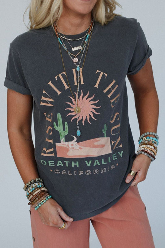 RISE WITH THE SUN Graphic Round Neck Short Sleeve T-Shirt Dark Gray