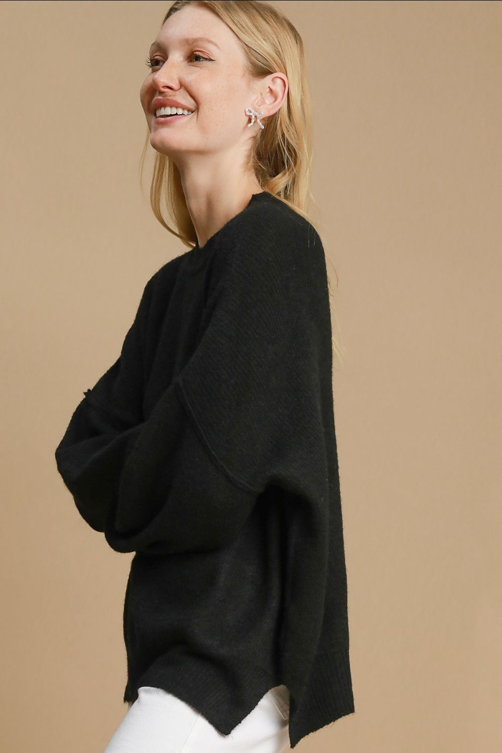 Umgee Full Size Side Slit Wool Blend Round Neck Sweater Plus Size