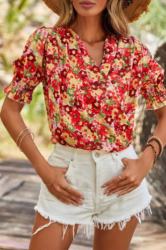 Floral Print Puff Sleeve Surplice Blouse Deep Red