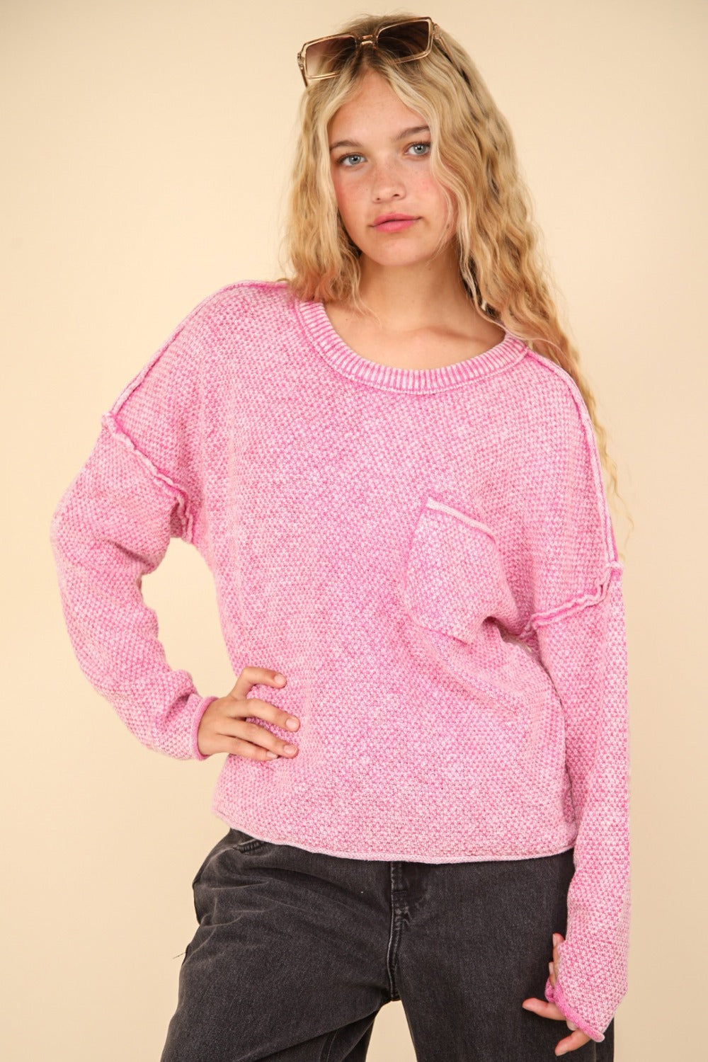 VERY J Mineral Washed Exposed Seam Sweater Pink