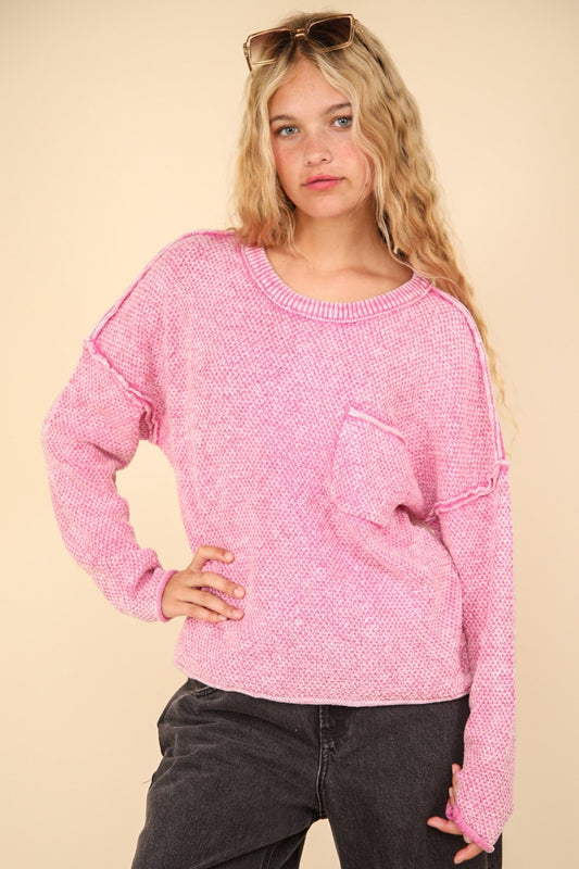 VERY J Mineral Washed Exposed Seam Sweater Pink