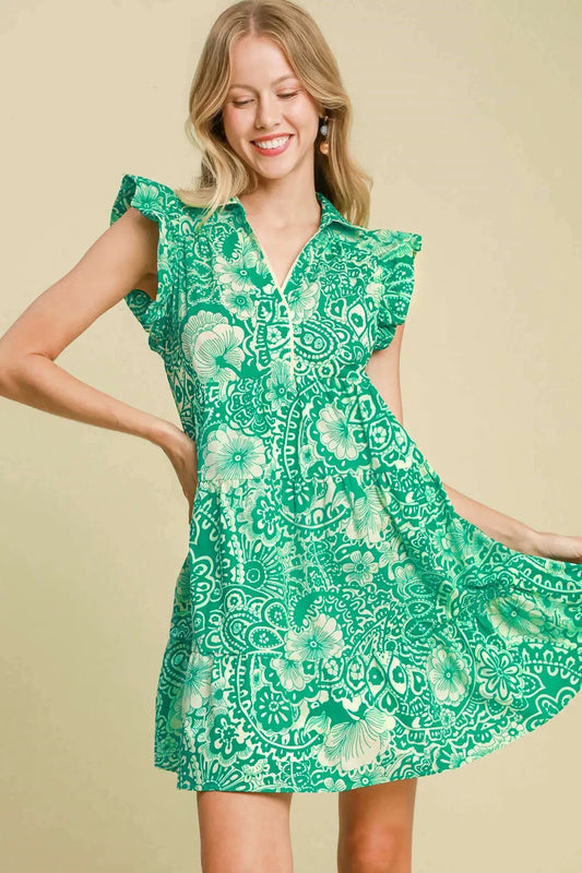 Umgee Full Size Printed Ruffle Cap Sleeve Babydoll Dress Plus Size Green