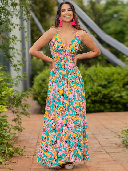 Twisted Printed V-Neck Cami Dress Turquoise
