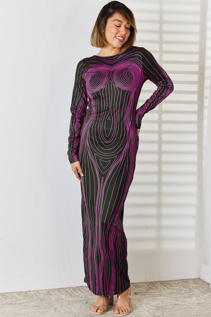 Cutout Round Neck Long Sleeve Maxi Dress Red-Violet