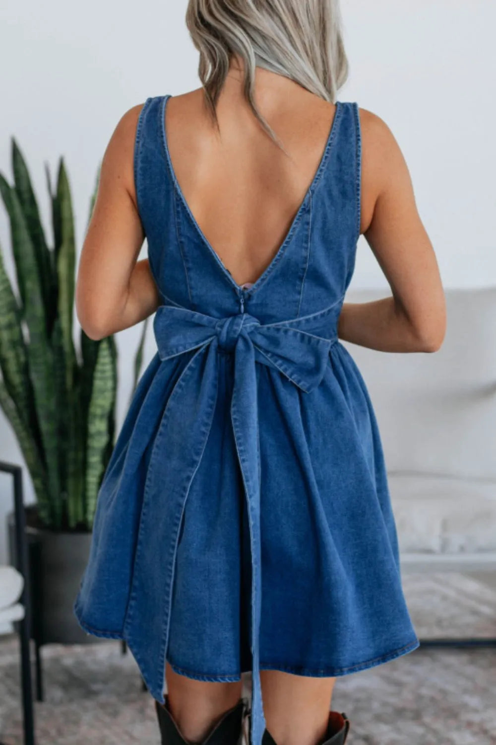 V-Back Bow Tie Denim Skater Dress