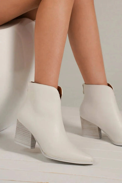 Beast Fashion PU Leather Block Heel Boots with Back Zippers White