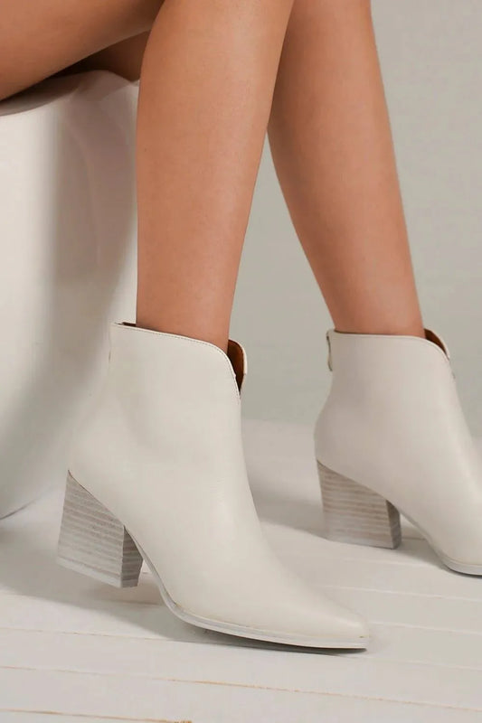 Beast Fashion PU Leather Block Heel Boots with Back Zippers White