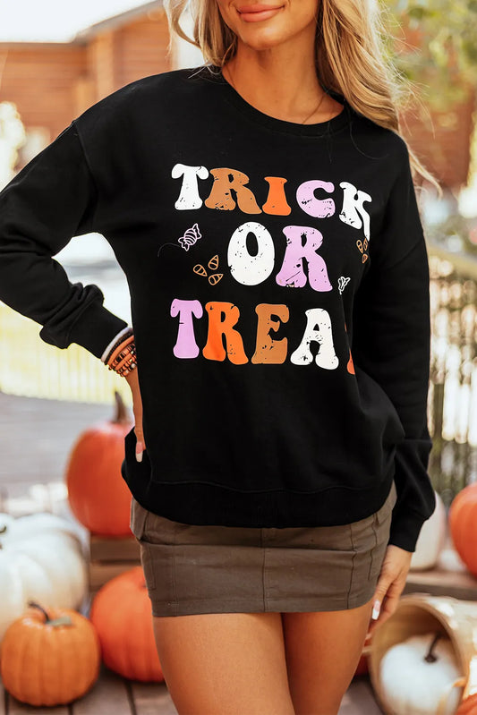 Letter Graphic Round Neck Long Sleeve Sweatshirt Black