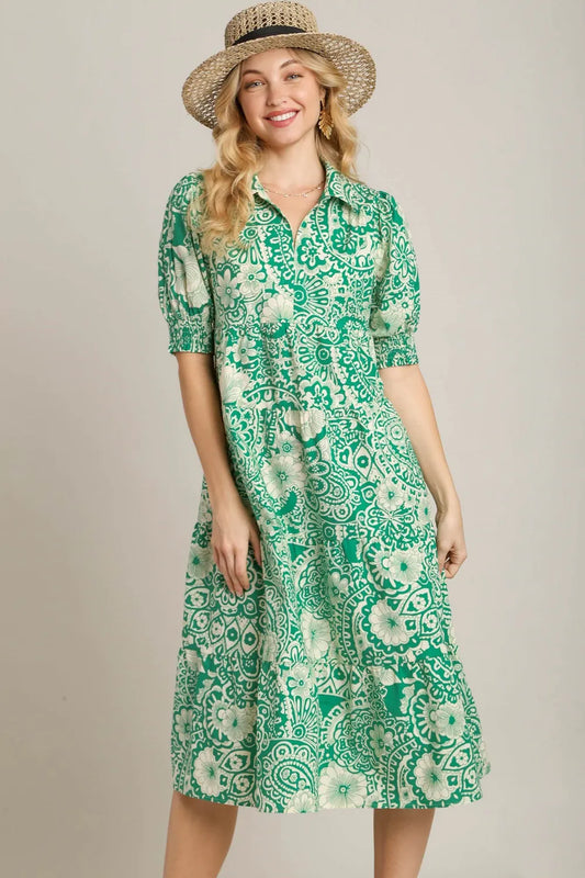 Umgee Full Size Printed Smocked Cuff Puff Sleeve Midi Dress Plus Size Green