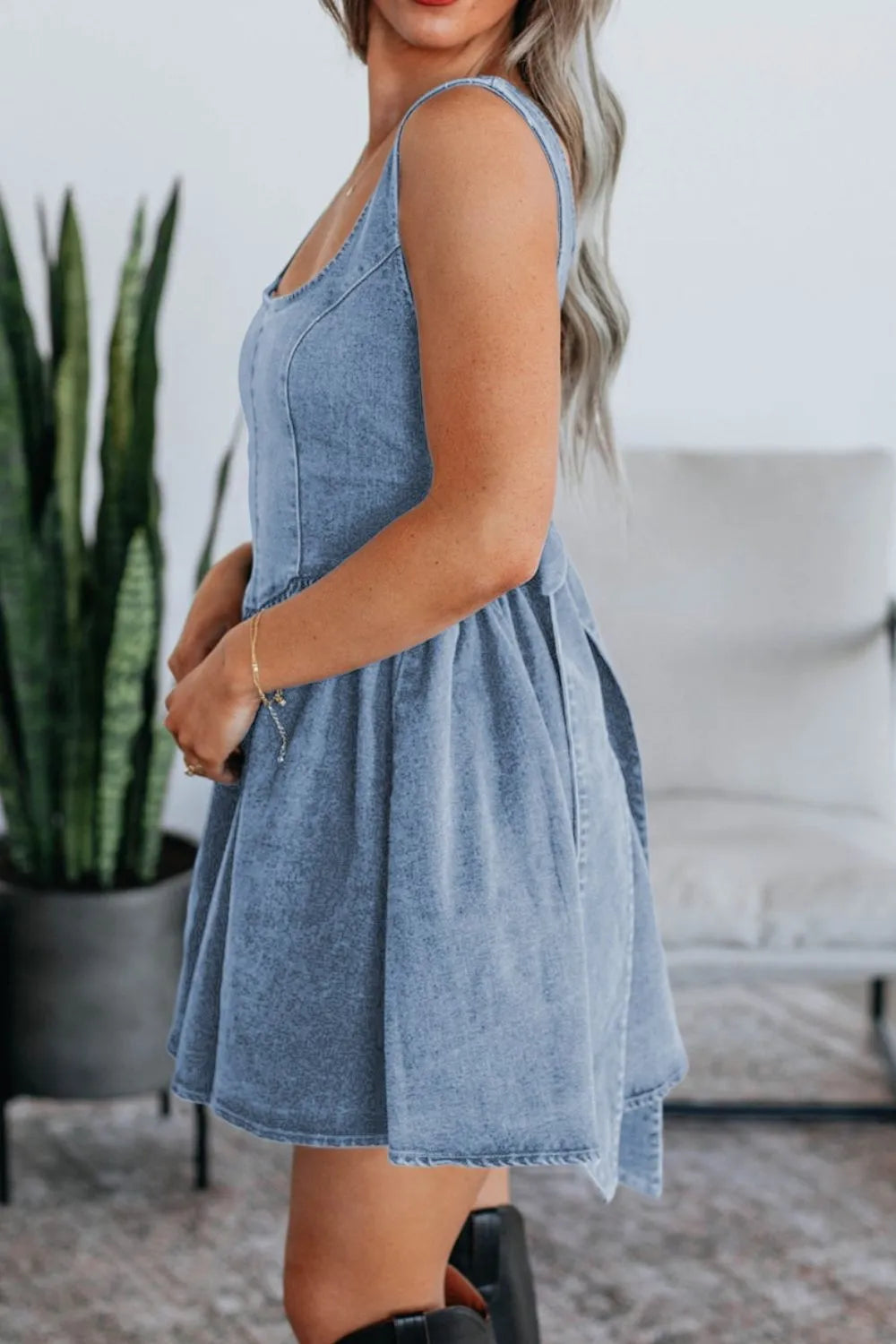 V-Back Bow Tie Denim Skater Dress