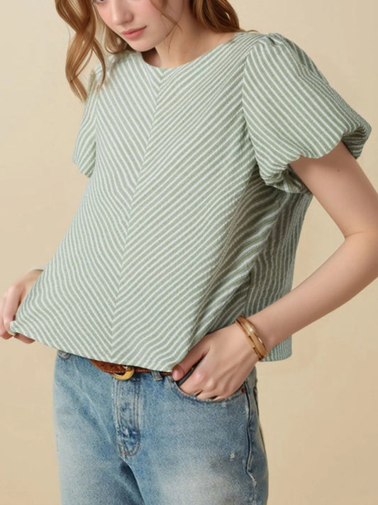 Stripe Textured Round Neck Short Puff Sleeve Blouse Sage
