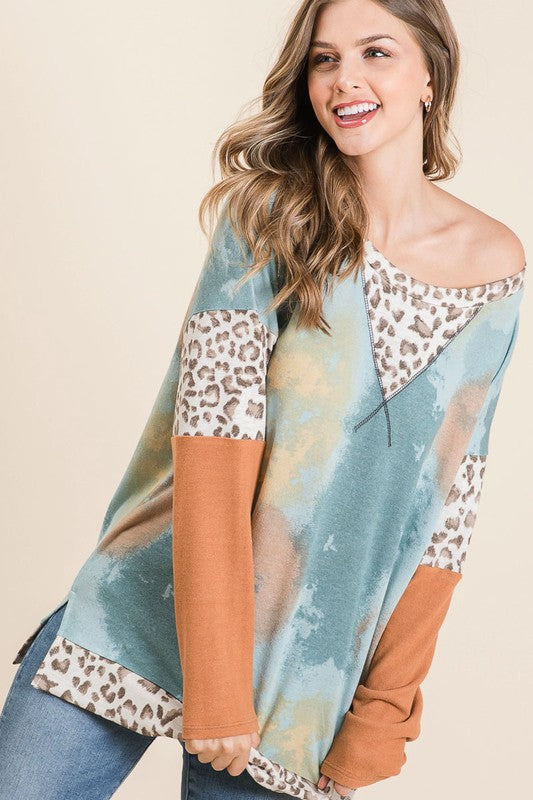 BiBi Tie-Dye Leopard Terry Round Neck Long Sleeve T-Shirt
