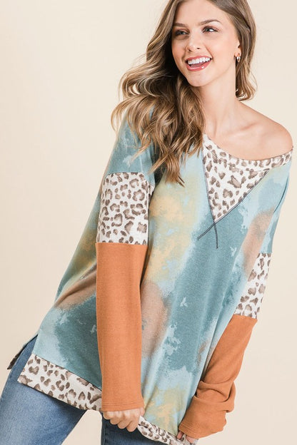 BiBi Tie-Dye Leopard Terry Round Neck Long Sleeve T-Shirt