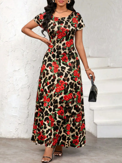 Printed Round Neck Short Sleeve Maxi Tee Dress Scarlet