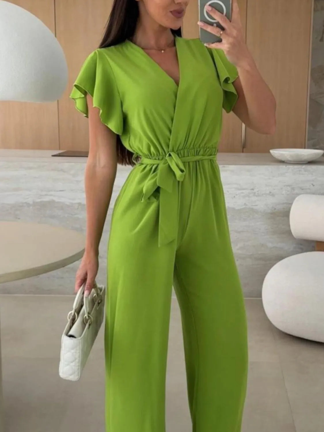 Tied Ruffled Wide Leg Jumpsuit Lime
