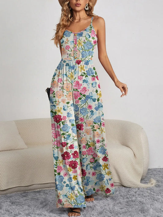 FAM-FAM Decorative Button Spaghetti Strap Wide Leg Jumpsuit Floral