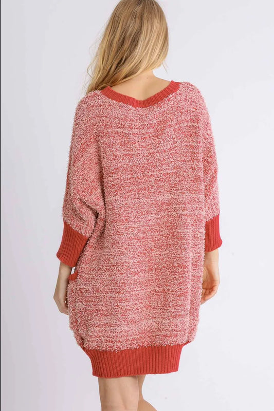 Umgee Full Size Ribbed Hem Round Neck 3/4 Sleeve Sweater Dress with Pockets Plus Size