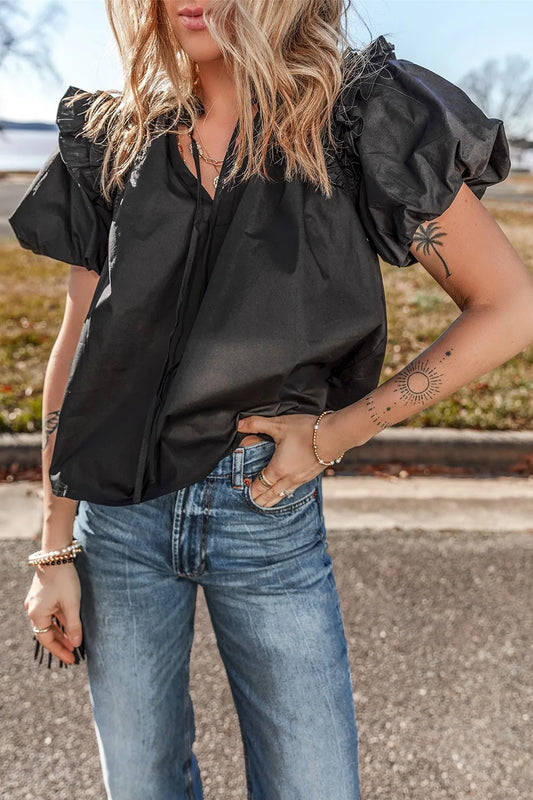 Ruffled Puff Short Sleeve Loose Blouse Black