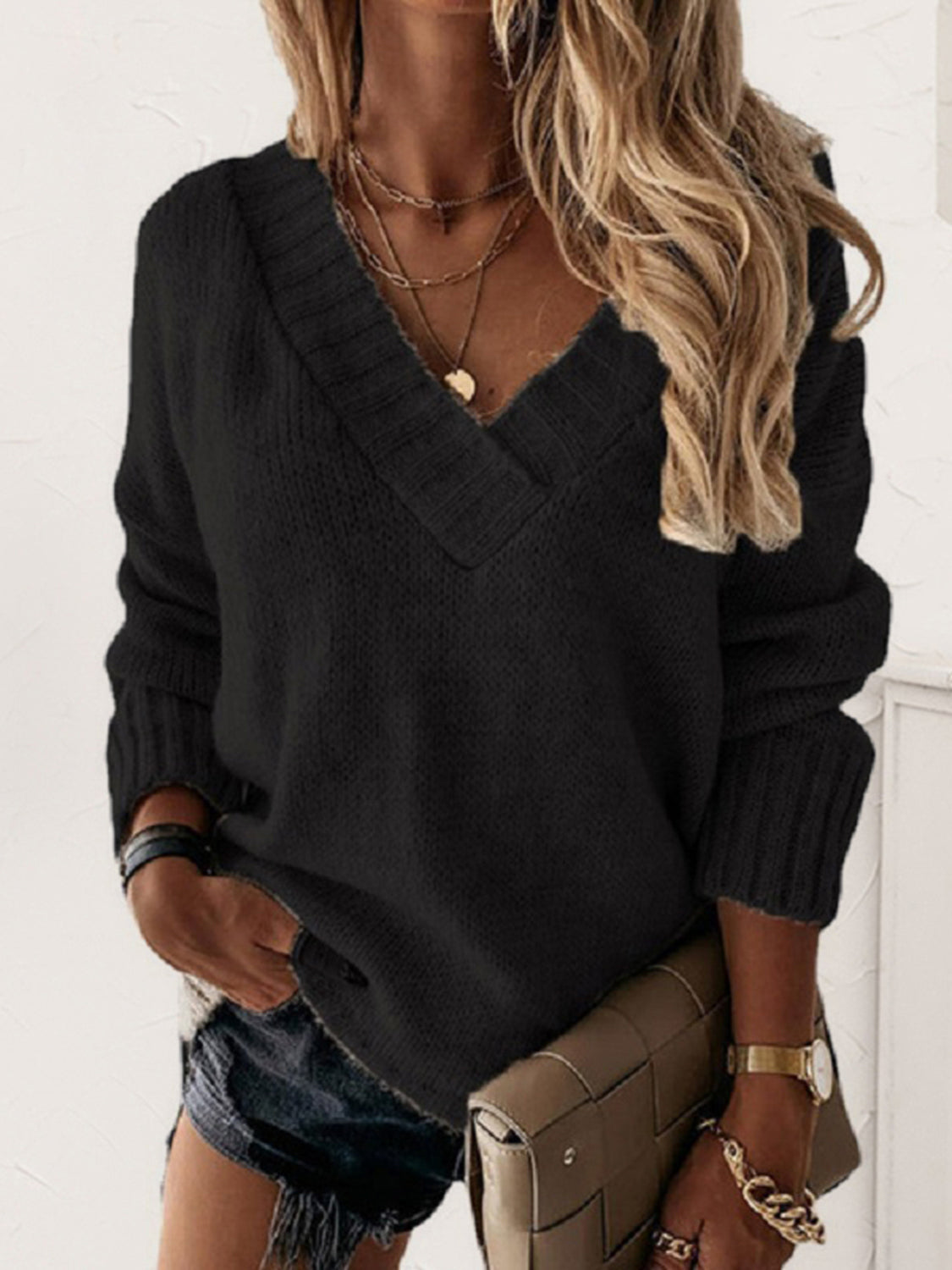 V-Neck Long Sleeve Knit Top Black