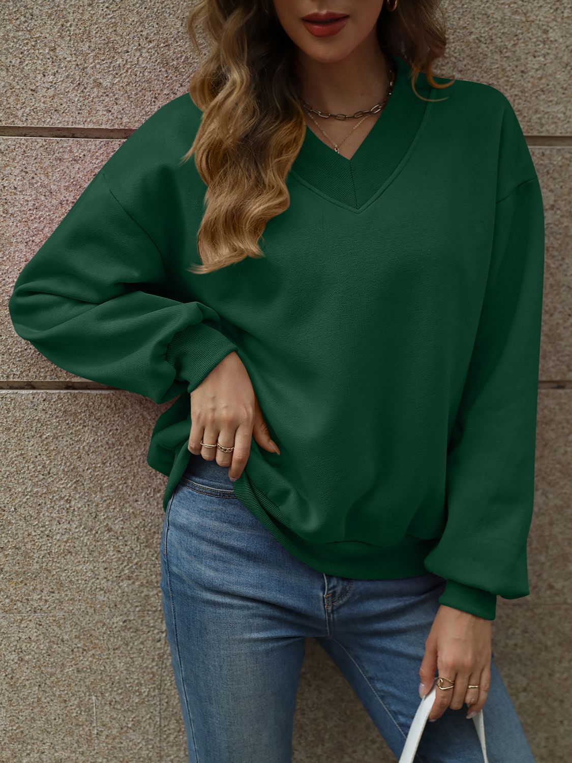 V-Neck Long Sleeve Dropped Shoulder Sweatshirt Dark Green