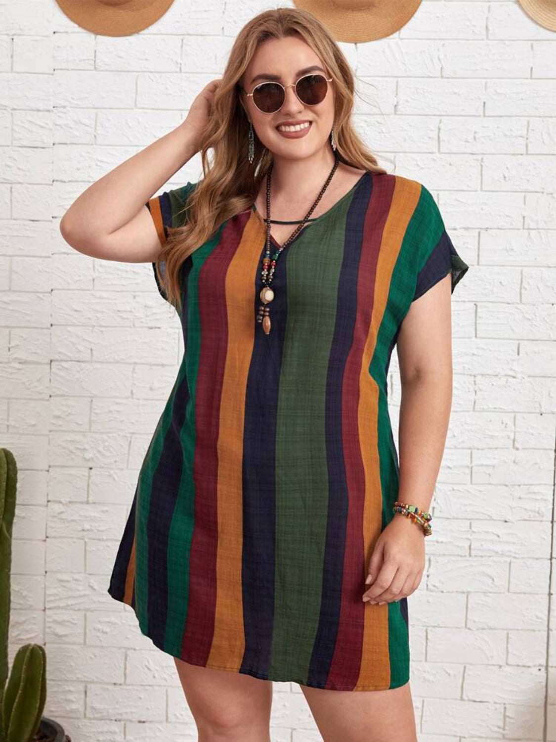 Plus Size Striped Short Sleeve Mini Dress Dark Green