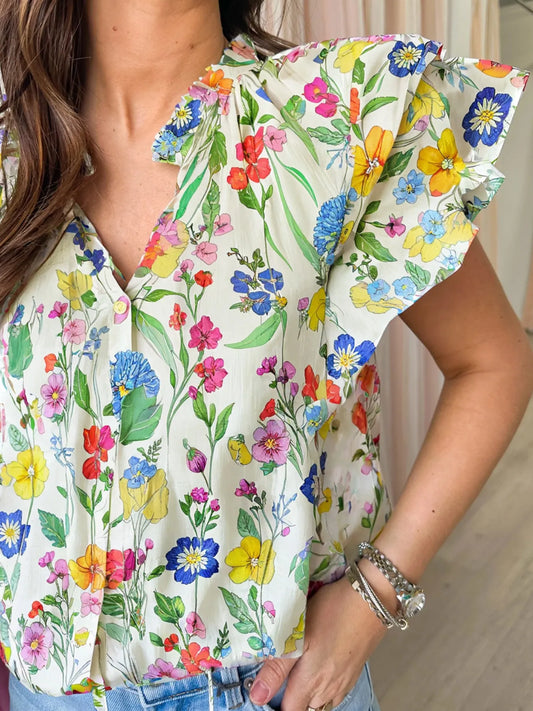 Floral Print Ruffle Layered Short Sleeve Blouse