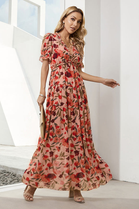 Floral V-Neck Short Flounce Sleeve Dress Deep Red