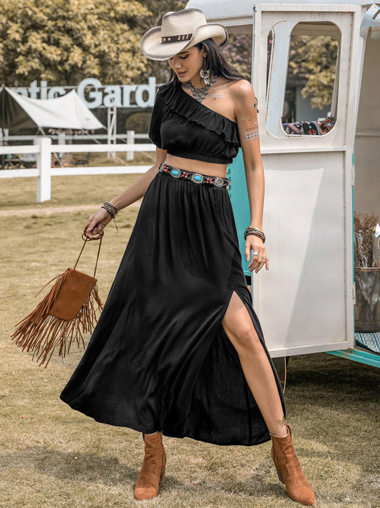 Ruffled Single Shoulder Top and Slit Skirt Set Black