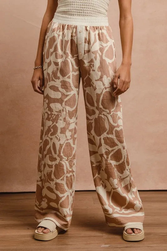 BiBi Floral Print Woven Elastic Waist Pants With Side Pockets Khaki