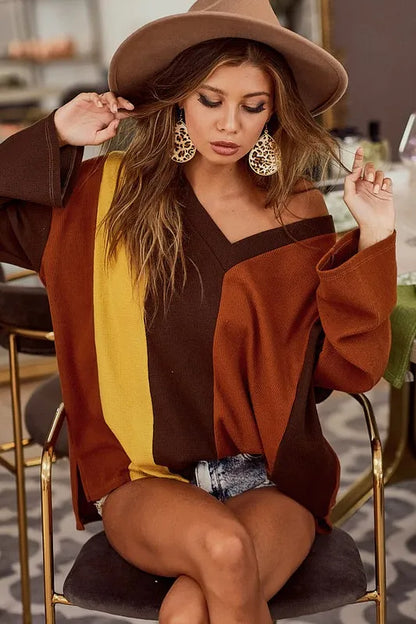 BiBi Brushed Thermal Color Block V-Neck Knit Top