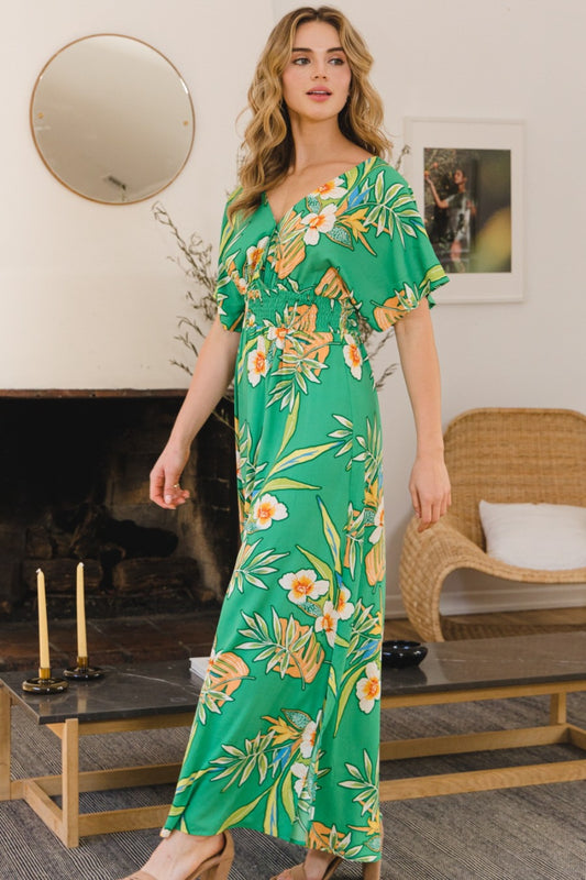 ODDI Full Size Floral Smocked Tied Back Maxi Dress Green Multi