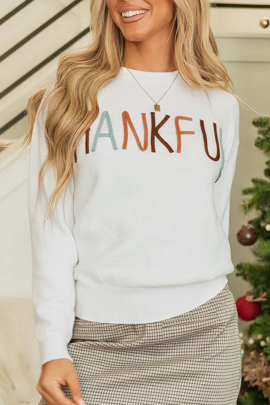 THANKFUL Round Neck Long Sleeve Knit Top White