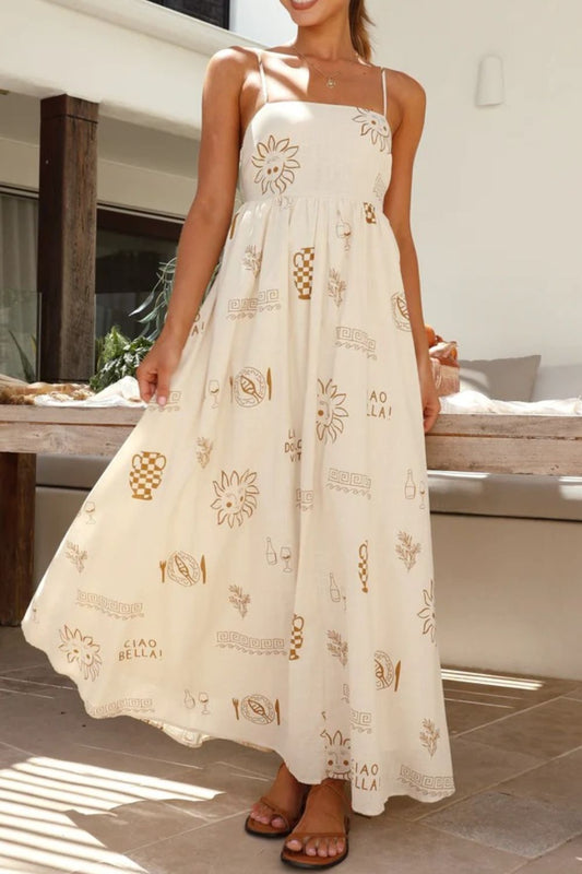 Printed Square Neck Maxi Cami Dress Beige