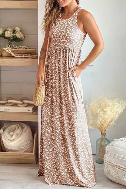 Leopard Round Neck Sleeveless Maxi Dress Tan