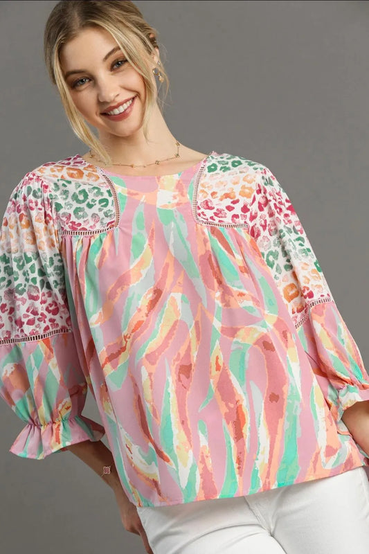 Umgee Full Size Mixed Print Lace Trim Top Plus Size Blush Pink