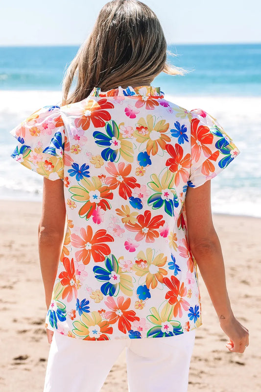 Ruffled Printed Notched Cap Sleeve Blouse