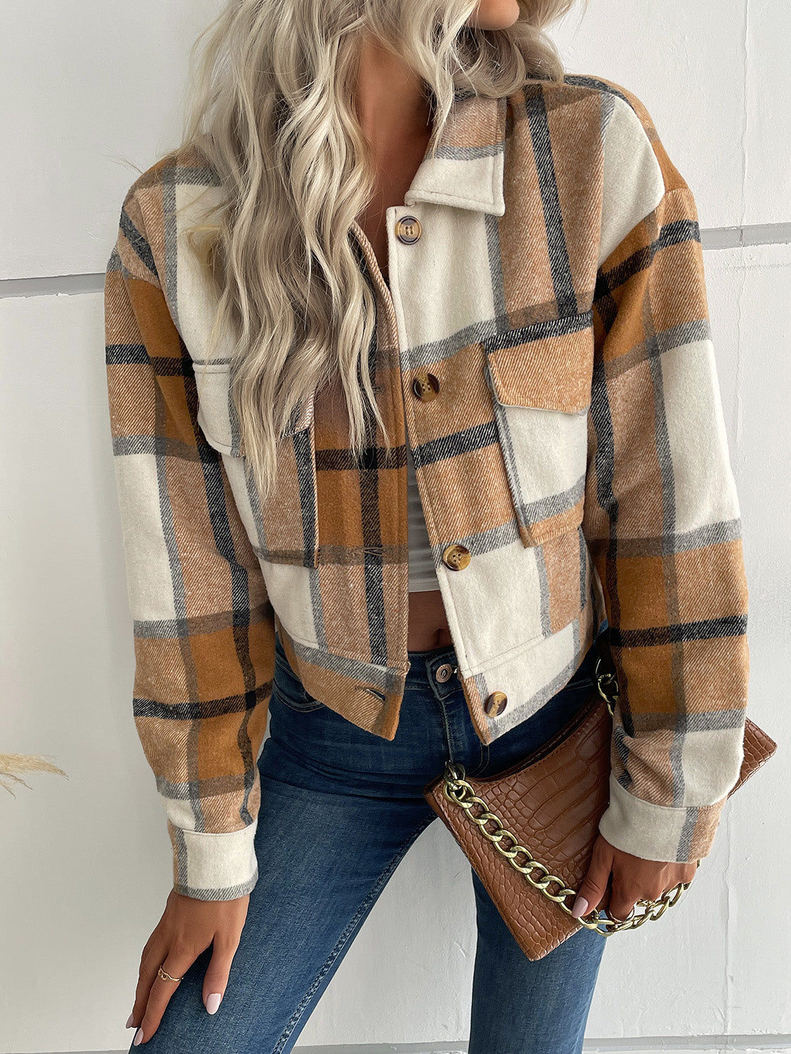 Perfee Plaid Button Up Drop Shoulder Cropped Jacket Khaki