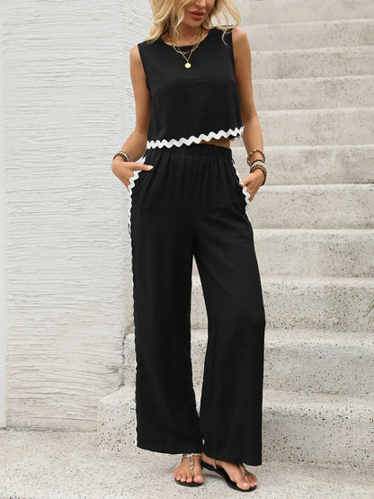 Round Neck Sleeveless Top and Pants Set Black