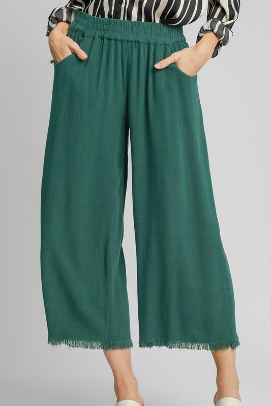 Umgee Full Size Linen Blend Elastic Waistband Wide Leg Pants Plus Size Dark Green
