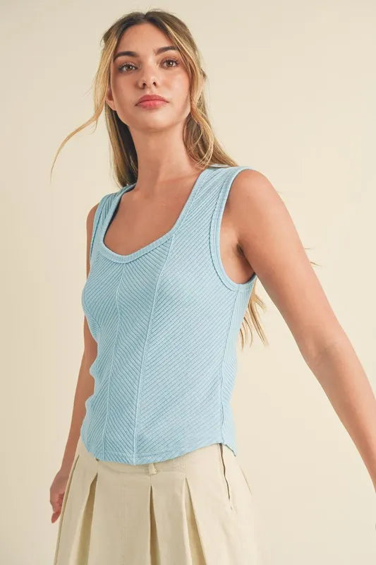 Aemi + Co Exposed Seam Ribbed Wide Strap Tank Pastel Blue