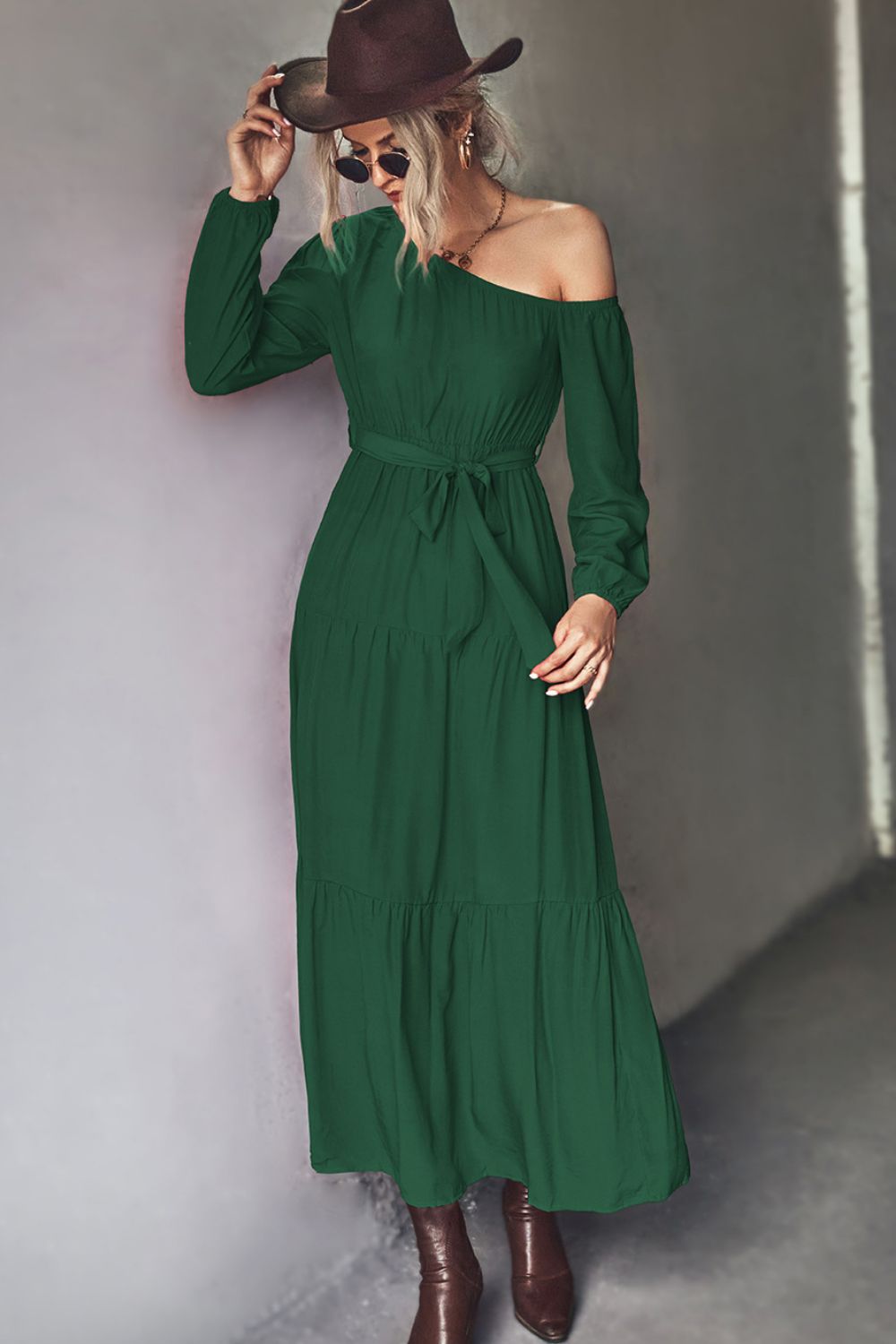 Belted One-Shoulder Tiered Maxi Dress Green