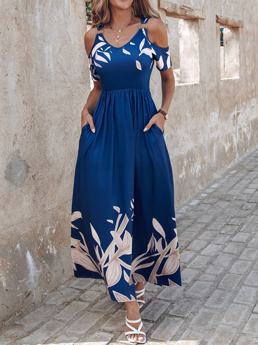 Printed Cold Shoulder Short Sleeve Maxi Dress Navy