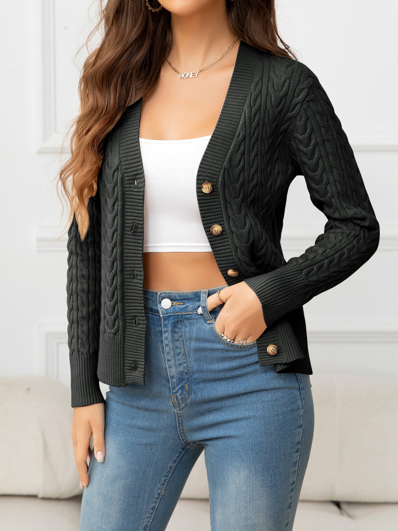 V-Neck Long Sleeve Cable-Knit Buttoned Knit Top Charcoal