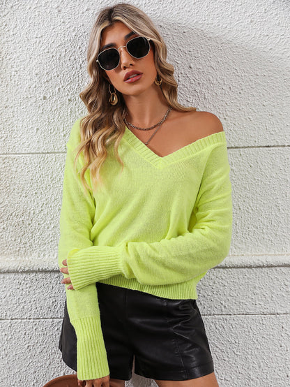 V-Neck Dropped Shoulder Long Sleeve Knit Top Yellow-Green
